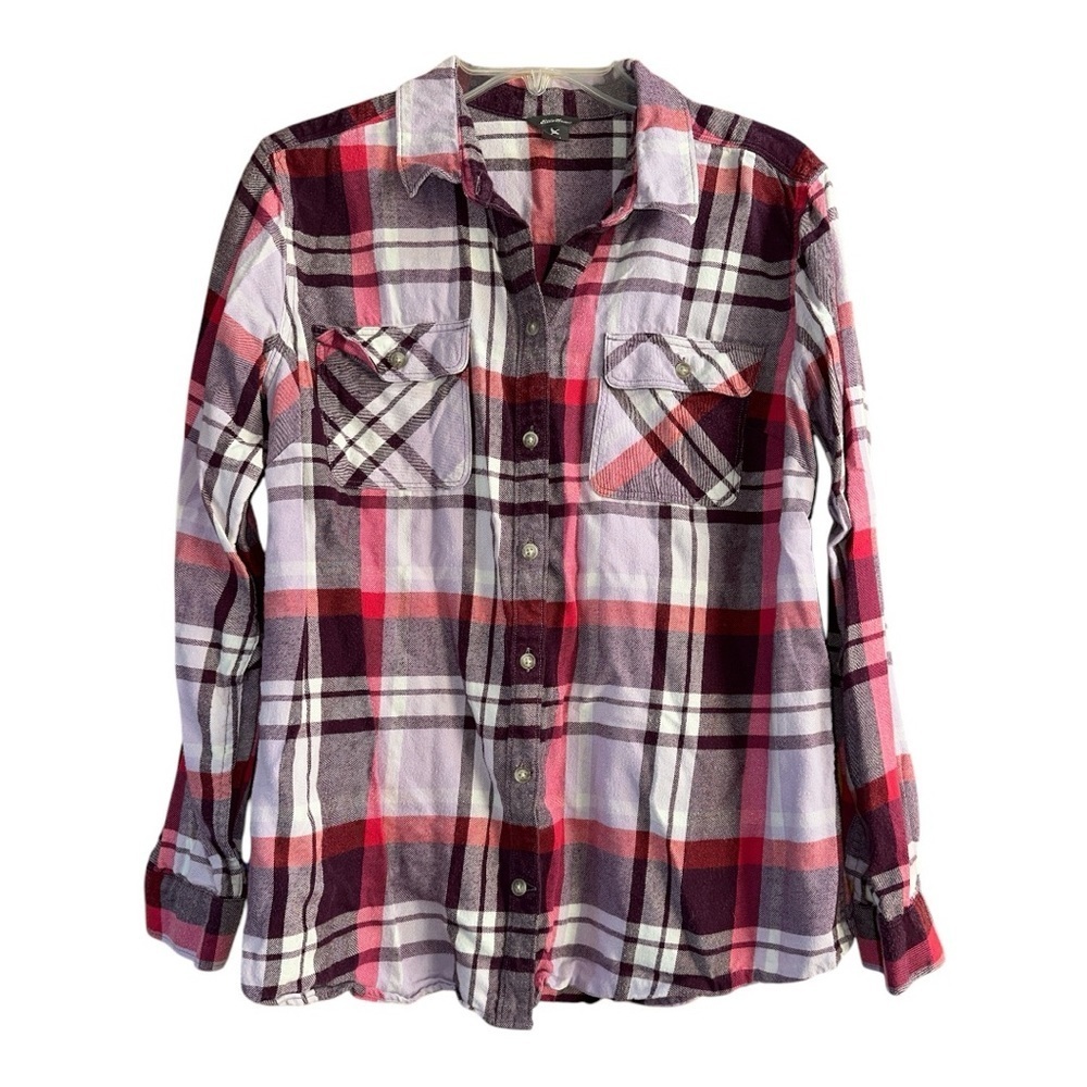 Eddie Bauer Women’s Plaid Button-Up Flannel Shirt, Pink/Purple, Large